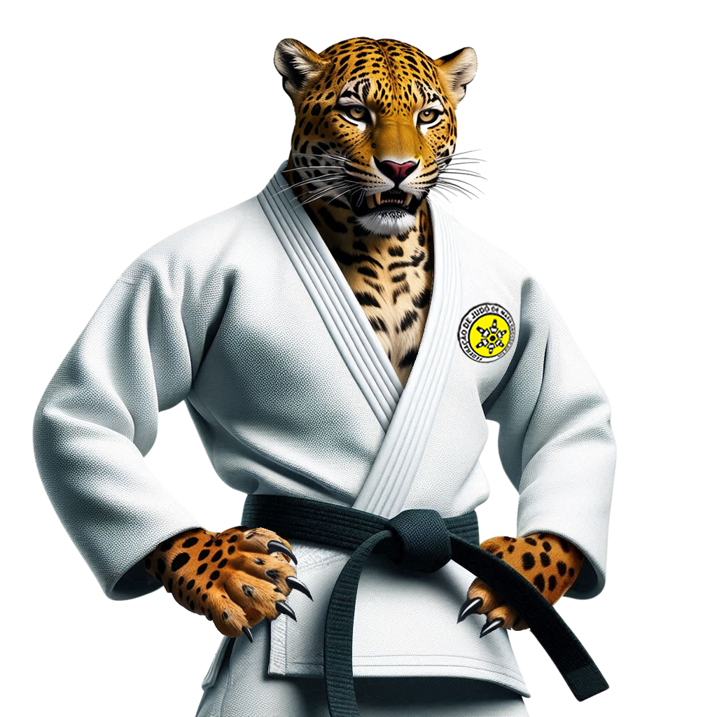 Onça vestindo judogi, mascote da Federação de Judô de Mato Grosso do Sul